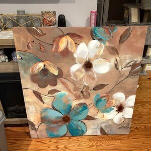 Floral Canvas Art with Blue and Brown Accents